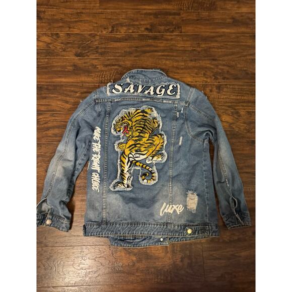 American Bazi Fashion Week Light Denim Jacket Oversized Patches Sz Large - Picture 1 of 8